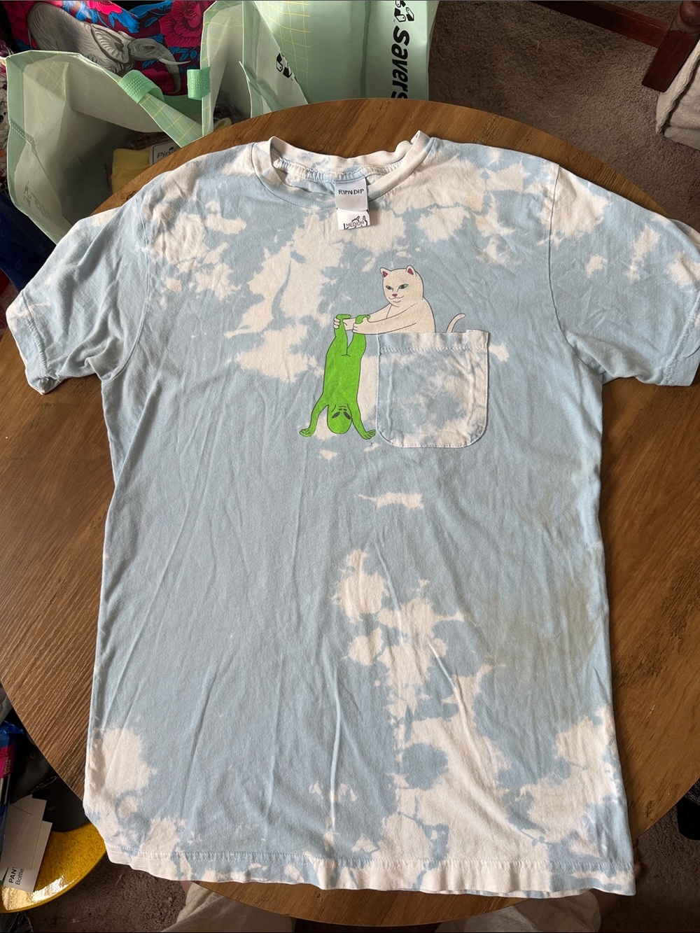Ripndip Blue & White Tie-Dye Pocket Tee with Cat Graphic